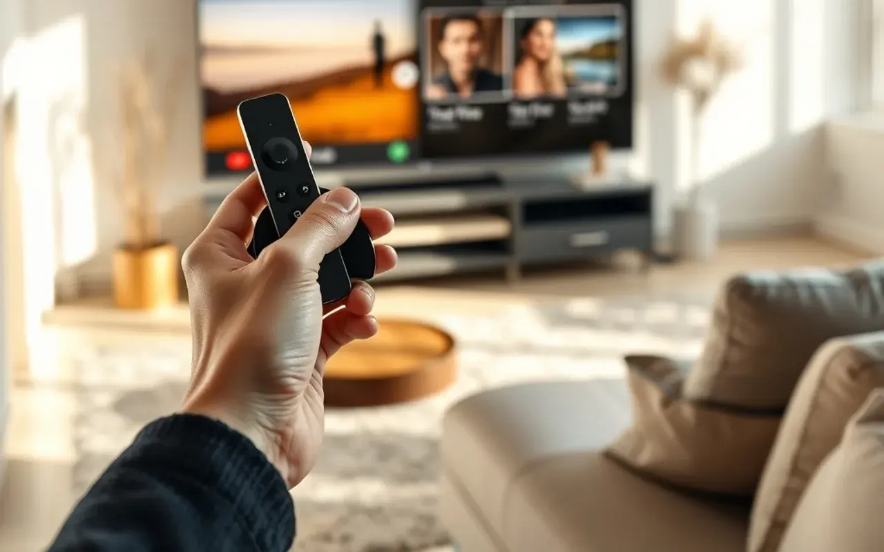 Una mano con una chiavetta di streaming e un telefono che mostrano la stessa interfaccia accanto a un televisore in pieno giorno, illustrando una liste IPTV su Smart TV, Firestick e mobile