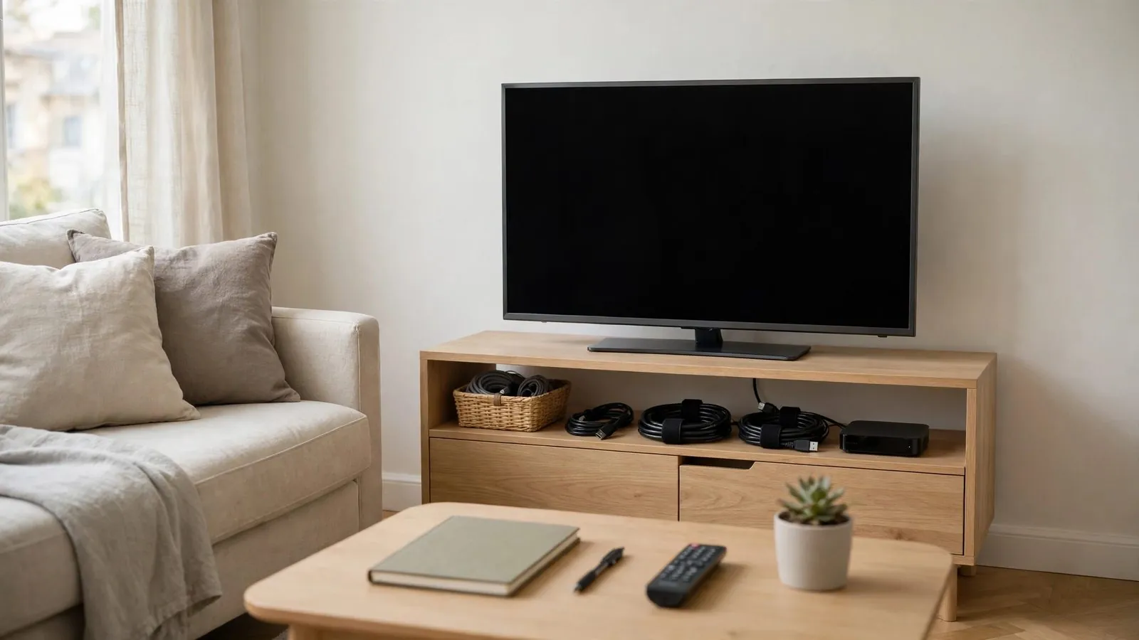 Televisore spento appoggiato su un mobile in legno in un soggiorno con divano.